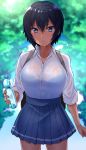  &gt;:o 1girl arm_at_side bangs black_hair blue_eyes blue_skirt blurry blush bottle bralines breasts cleavage collarbone collared_shirt commentary_request dark_skin depth_of_field eyebrows_visible_through_hair gomashi_(goma) hair_between_eyes holding holding_bottle large_breasts long_sleeves looking_at_viewer miniskirt mole mole_on_neck original parted_lips pleated_skirt see-through shirt short_hair skirt sleeves_rolled_up solo standing sweat tree water wet wet_clothes wet_shirt white_shirt 