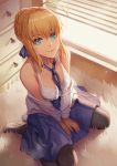  1girl animal_ears artoria_pendragon_(all) bare_shoulders between_legs black_legwear blonde_hair blue_eyes blue_neckwear blue_ribbon blue_skirt bra braid breasts carpet cleavage closed_mouth commentary_request day fate/stay_night fate_(series) from_above hair_ribbon hand_between_legs highres indoors long_sleeves looking_at_viewer looking_up medium_breasts mool_yueguang neck_ribbon no_shoes off_shoulder on_floor open_clothes open_shirt own_hands_together pantyhose partial_commentary pink_lips ribbon saber shelf shirt short_hair sidelocks sitting skirt smile solo underwear wariza white_bra white_shirt windowsill 