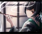  1girl bangs black_hair blurry blurry_background blush closed_mouth commentary_request depth_of_field doran_(dorannomai) eyebrows_visible_through_hair flower grey_kimono hair_between_eyes hair_flower hair_ornament hand_up head_tilt holding holding_pipe idolmaster idolmaster_shiny_colors japanese_clothes kimono kiseru long_sleeves looking_at_viewer looking_back morino_rinze pipe print_kimono red_eyes sidelocks smoke smoking solo white_flower wide_sleeves 