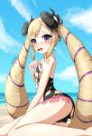  1girl artist_name beach black_bow blonde_hair blue_sky blush bow clouds day elise_(fire_emblem_if) fire_emblem fire_emblem_heroes fire_emblem_if from_side hair_bow highres long_hair looking_to_the_side multicolored_hair nintendo obakeart one-piece_swimsuit open_mouth outdoors purple_hair sitting sky solo swimsuit torn_clothes torn_swimsuit twintails violet_eyes water 