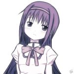  1girl akemi_homura blush bow commentary_request eyebrows_visible_through_hair head_tilt headband long_hair looking_at_viewer mahou_shoujo_madoka_magica monochrome one_(artist) purple raised_eyebrows red_bow signature simple_background solo upper_body very_long_hair white_background 