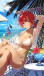  3girls absurdres aqua_eyes arm_behind_head ball beach beachball bikini blue_eyes blue_hair blue_hawaii blue_sky boudica_(fate/grand_order) breasts cleavage clouds cropped cup day drinking_glass drinking_straw fate/grand_order fate_(series) flower hammock hat hibiscus highres jumping kinuta_kouji large_breasts legs_crossed marie_antoinette_(fate/grand_order) marie_antoinette_(swimsuit_caster)_(fate) multiple_girls navel o-ring o-ring_bikini ocean outdoors pineapple_slice ponytail redhead saint_martha saint_martha_(swimsuit_ruler)_(fate) scan see-through shining_goddess sky smile solo_focus swimsuit tropical_drink volleyball white_hair 