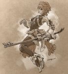  1girl aqua_(kingdom_hearts) bare_shoulders breasts closed_mouth covered_collarbone detached_sleeves eyebrows_visible_through_hair fingerless_gloves full_body gloves holding holding_weapon isakawa_megumi keyblade kingdom_hearts kingdom_hearts_birth_by_sleep left-handed long_sleeves sepia short_hair small_breasts solo thigh-highs turtleneck twitter_username weapon wide_sleeves zettai_ryouiki 