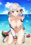  1girl alternate_costume artist_name bangs beach bikini bird black_ribbon blue_sky blush breasts cleavage clouds collarbone cup day eyebrows_visible_through_hair flower food fruit girls_frontline hair_flower hair_ornament hair_ribbon hand_up ice_cream jacket kneeling large_breasts long_hair looking_at_viewer narae ocean off_shoulder open_clothes open_jacket open_mouth outdoors red_eyes ribbon sand sandals seagull shiny shiny_skin sidelocks silver_hair sky smile solo sparkle spas-12_(girls_frontline) sundae sweat swimsuit thighs twintails v water_drop watermelon white_bikini 