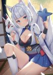  1girl animal_ears azur_lane bangs blue_eyes blue_skirt blunt_bangs blush breasts cleavage eyebrows_visible_through_hair fox_ears fox_mask fox_tail highres holding holding_mask izumo_neru kaga_(azur_lane) kitsune long_sleeves looking_at_viewer mask medium_breasts multiple_tails short_hair sitting skirt smile solo tail white_hair wide_sleeves 