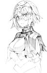  1girl blush breasts capelet closed_mouth eyebrows_visible_through_hair fate/grand_order fate_(series) greyscale hair_between_eyes headpiece jeanne_d&#039;arc_(alter)_(fate) jeanne_d&#039;arc_(fate)_(all) looking_at_viewer medium_breasts monochrome short_hair simple_background sketch solo tuxedo_de_cat upper_body white_background 