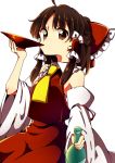  absurdres armpits ascot baba_(baba_seimaijo) bare_shoulders bottle bow brown_eyes brown_hair collared_shirt commentary_request cup detached_sleeves hair_bow hair_tubes hakurei_reimu half_updo highres looking_at_viewer medium_hair nontraditional_miko red_bow red_skirt ribbon-trimmed_sleeves ribbon_trim sakazuki sake_bottle shirt sidelocks skirt touhou white_background wide_sleeves 