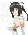  arm_ribbon black_hair blue_eyes blue_ribbon breasts cleavage cleavage_cutout commentary_request covered_nipples dress dungeon_ni_deai_wo_motomeru_no_wa_machigatteiru_darou_ka from_side gloves hair_ribbon hashimoto_(frog_flag) hestia_(danmachi) large_breasts long_hair looking_at_viewer open_mouth ribbon short_dress sideboob sleeveless sleeveless_dress translated twintails white_dress white_gloves 