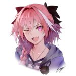  1boy ;d absurdres astolfo_(fate) bangs black_bow black_ribbon bow braid collarbone commentary english_commentary erospanda eyebrows_visible_through_hair fang fate/apocrypha fate_(series) hair_between_eyes hair_bow hair_intakes hair_over_shoulder hair_ribbon head_tilt highres hood hood_down hoodie long_hair looking_at_viewer male_focus multicolored_hair one_eye_closed open_clothes open_hoodie open_mouth otoko_no_ko pink_eyes pink_hair pom_pom_(clothes) portrait purple_hoodie purple_shirt revision ribbon shirt sidelocks signature simple_background single_braid smile solo streaked_hair striped striped_shirt tsurime white_background white_shirt zipper 