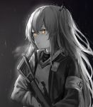  1girl armband bangs closed_mouth expressionless girls_frontline gloves gun h&amp;k_ump h&amp;k_ump45 hair_between_eyes hair_ornament heckler_&amp;_koch highres holding holding_gun holding_weapon hood hood_down hooded_jacket jacket limited_palette long_hair looking_afar one_side_up outdoors rain scar scar_across_eye shirt spot_color submachine_gun tama_satou ump45_(girls_frontline) upper_body weapon yellow_eyes 