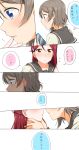  2girls blue_eyes blush brown_hair cellphone comic face-to-face finger_to_another&#039;s_mouth flying_sweatdrops hair_between_eyes highres holding holding_cellphone holding_phone imminent_kiss long_hair love_live! love_live!_sunshine!! multiple_girls open_mouth parted_lips phone redhead sailor_collar sakurauchi_riko short_hair smartphone thought_bubble translated watanabe_you white_background yellow_eyes yuchi_(salmon-1000) yuri 