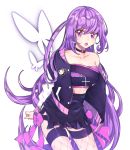 1girl aisha_(elsword) arms_behind_back bow breasts bug butterfly choker cleavage collarbone cowboy_shot cross cross_earrings earrings elsword floating_hair hair_between_eyes insect jacket jewelry long_hair medium_breasts midriff off_shoulder open_clothes open_jacket open_mouth pink_bow purple_hair rimsuk shiny shiny_hair simple_background solo standing thigh-highs very_long_hair violet_eyes white_background white_legwear 