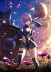  1girl absurdres armored_leotard armpits ass_visible_through_thighs black_legwear black_leotard blue_sky breasts breasts_apart clouds day elbow_gloves fate/grand_order fate_(series) floating_hair flower from_below fujifuji924 gloves hair_over_one_eye hand_in_hair highres holding_shield large_breasts leotard mash_kyrielight midriff navel navel_cutout outdoors parted_lips petals purple_flower purple_hair red_flower shield short_hair sky solo standing stomach sunlight thigh-highs thigh_strap violet_eyes white_flower 