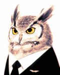  animal animal_focus animalization beak bird business_suit clothed_animal commentary english_commentary formal highres ilya_kuvshinov necktie no_humans original owl suit white_background 