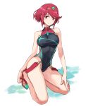  1girl black_swimsuit blush breasts closed_eyes commentary_request covered_navel full_body highres pyra_(xenoblade) large_breasts light_smile looking_at_viewer nintendo one-piece_swimsuit red_eyes red_swimsuit redhead short_hair simple_background sitting sketch smile solo swimsuit tugo wariza white_background xenoblade_(series) xenoblade_2 