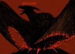  atomic-crusader bird_wings claws commentary fangs fire godzilla:_king_of_the_monsters godzilla_(series) halo horns kaijuu large_wings molten_rock monster no_humans open_mouth red_background rock rodan rodan_(godzilla:_king_of_the_monsters) scales sharp_teeth teeth volcano wings 