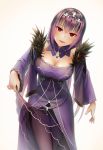  1girl bangs board_game breasts cleavage dress dress_lift eyebrows_visible_through_hair fate_(series) fur_trim go hair_between_eyes highres large_breasts leaning_forward long_hair long_sleeves looking_at_viewer purple_dress purple_hair purple_legwear red_eyes scathach_(fate)_(all) scathach_skadi_(fate/grand_order) shoron smile solo tiara very_long_hair wide_sleeves 