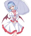  1girl :d bat_wings blue_hair blush breasts center_frills commentary dress feet_out_of_frame frilled_dress frilled_shirt_collar frills head_tilt holding holding_umbrella juliet_sleeves junior27016 long_sleeves looking_at_viewer medium_breasts no_hat no_headwear open_mouth pointy_ears puffy_sleeves red_eyes remilia_scarlet short_hair simple_background smile solo standing touhou umbrella white_background white_dress white_umbrella wings 