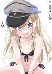  1girl alternate_costume bare_shoulders bikini bismarck_(kantai_collection) black_bikini blonde_hair blue_eyes breasts child cleavage collarbone commentary_request ebifurya eyebrows_visible_through_hair front-tie_top hair_between_eyes hair_over_shoulder hat highres kantai_collection long_hair looking_at_viewer navel open_mouth peaked_cap shiny shiny_skin side-tie_bikini sidelocks solo stomach swimsuit thighs twitter_username v_arms white_background younger 