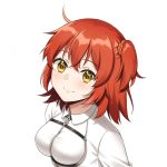  1girl breasts eyebrows_visible_through_hair fate/grand_order fate_(series) fujimaru_ritsuka_(female) hair_between_eyes hair_ornament hair_scrunchie looking_at_viewer medium_breasts orange_hair orange_scrunchie scrunchie shiny shiny_hair short_hair side_ponytail simple_background smile solo upper_body white_background yellow_eyes zhi_(yammycheese) 