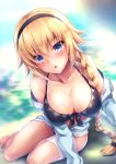  1girl alternate_costume bare_arms bare_legs bare_shoulders bikini blonde_hair blue_bikini blue_eyes blurry blurry_background blush braid breasts cleavage collarbone commentary_request eyebrows_visible_through_hair fate/grand_order fate_(series) front-tie_top hair_over_shoulder halterneck highres jeanne_d&#039;arc_(fate) jeanne_d&#039;arc_(fate)_(all) large_breasts lips long_braid long_hair looking_at_viewer navel parted_lips revision samoore side-tie_bikini single_braid sitting solo swimsuit thighs very_long_hair 
