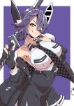  1girl armpits bare_shoulders black_gloves breasts checkered checkered_neckwear commentary_request eyepatch gloves hand_on_hip headgear highres hirakata_masahiro jacket kantai_collection large_breasts necktie partly_fingerless_gloves purple_background purple_hair remodel_(kantai_collection) shirt short_hair simple_background skirt sleeveless sleeveless_shirt sword tenryuu_(kantai_collection) weapon yellow_eyes 