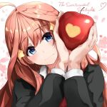  1girl absurdres ahoge apple black_jacket blue_eyes blush closed_mouth commentary_request fingernails food fruit fuu_(fuore) go-toubun_no_hanayome hair_ornament hands_up head_tilt heart highres holding jacket long_hair looking_at_viewer nakano_itsuki pink_hair red_apple red_neckwear school_uniform solo star star_hair_ornament upper_body 