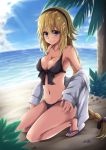  1girl beach bikini black_bikini black_bow black_hairband black_scrunchie blonde_hair blue_eyes blue_sky blush bow braid breasts cleavage clothes_down clouds collarbone day eyebrows_visible_through_hair fate/grand_order fate_(series) front-tie_bikini front-tie_top full_body grey_jacket hair_between_eyes hair_ornament hair_scrunchie hairband highres ippachi jacket jeanne_d&#039;arc_(fate)_(all) jeanne_d&#039;arc_(swimsuit_archer) kneeling long_hair looking_at_viewer medium_breasts ocean open_clothes open_jacket outdoors palm_tree scrunchie single_braid sky smile solo sunlight swimsuit tree very_long_hair 