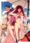  1boy 1girl alternate_costume anklet beach beach_umbrella bikini bird blue_hair blue_sky bracelet breasts buoy clouds cloudy_sky cu_chulainn_(fate)_(all) cu_chulainn_(fate/grand_order) earrings fate/grand_order fate/stay_night fate_(series) flower hair_flower hair_intakes hair_ornament hibiscus highres innertube jacket jewelry lancer large_breasts lifeguard_chair looking_away looking_to_the_side navel off_shoulder open_clothes open_shirt pink_bikini ponytail purple_bikini purple_hair red_eyes reroi sandals sarong scathach_(fate)_(all) scathach_(fate/grand_order) scathach_(swimsuit_assassin)_(fate) seagull shirt shorts sky sunglasses sweat swimsuit umbrella whistle 