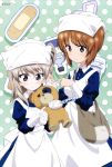  2girls absurdres apron bag bandage blue_dress boko_(girls_und_panzer) brown_eyes brown_hair buttons collared_shirt dress eyebrows_visible_through_hair first_aid_kit girls_und_panzer hair_ribbon hat highres holding holding_stuffed_animal light_brown_hair medicine medicine_bottle multiple_girls nishizumi_miho nurse nurse_cap official_art polka_dot polka_dot_background ribbon scan shimada_arisu shirt shoulder_bag sleeve_cuffs smile stitches stuffed_animal stuffed_toy syringe tape teddy_bear tying x_x yoshida_nobuyoshi 