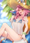  .com_(cu_105) 1girl :d animal_ears bangs beach_umbrella bikini bikini_under_clothes blue_bikini blue_sky blush breasts brown_eyes clouds cloudy_sky collarbone commentary_request day ears_through_headwear eyebrows_visible_through_hair fate/grand_order fate_(series) fox_ears fox_girl fox_tail hair_between_eyes hat highres innertube long_hair looking_at_viewer medium_breasts open_mouth outdoors palm_tree pink_hair see-through shirt short_sleeves side-tie_bikini sitting sky smile solo straw_hat swimsuit tail tail_raised tamamo_(fate)_(all) tamamo_no_mae_(swimsuit_lancer)_(fate) tree umbrella 