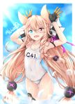  1girl :d arms_up bangs black_gloves blonde_hair blue_eyes blue_sky blush breasts character_name clouds commentary_request day eyebrows_visible_through_hair fang g41_(girls_frontline) girls_frontline gloves hair_between_eyes hakuya_(white_night) heterochromia long_hair looking_at_viewer low-tied_long_hair name_tag old_school_swimsuit open_mouth outdoors red_eyes school_swimsuit signature sky small_breasts smile solo standing swimsuit twintails wading water white_school_swimsuit white_swimsuit 