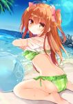  1girl ahoge ball bangs bare_legs barefoot beach beachball bikini blue_sky blush bow breasts brown_eyes brown_hair butt_crack closed_mouth clouds commentary_request day dutch_angle eyebrows_visible_through_hair frilled_bikini frills green_bikini hair_between_eyes hair_bow head_tilt horizon kujou_danbo long_hair looking_at_viewer looking_to_the_side medium_breasts ocean original outdoors pink_bow plaid plaid_bikini revision sand see-through shirt shirt_lift short_sleeves side-tie_bikini sidelocks sitting sky smile soles solo swimsuit transparent two_side_up very_long_hair wariza water wet wet_clothes wet_shirt white_shirt 