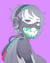  +_+ 1girl aqua_eyes artist_name bangs black_hair breasts clenched_teeth clothes_writing cyberpunk fang flat_color from_side headphones hood hood_down koyorin looking_at_viewer looking_to_the_side mask medium_breasts open_mouth original pink_eyes portrait purple_background robot_joints short_hair signature simple_background solo swept_bangs teeth v-shaped_eyebrows 