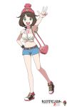  1girl adapted_costume alternate_breast_size alternate_eye_color arm_up bag beanie brown_hair copyright_name creatures_(company) game_freak green_eyes hair_flaps halterneck hand_on_hip handbag hat heart looking_at_viewer midriff mizuki_(pokemon) navel nintendo open_mouth pokemon pokemon_(game) pokemon_sm pose racora_(tamomo0263) red_hat shirt shoes short_hair simple_background smile sneakers solo standing standing_on_one_leg tied_shirt white_background z-ring 
