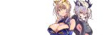  2girls ahoge aqua_eyes artoria_pendragon_(all) artoria_pendragon_(lancer) artoria_pendragon_(lancer_alter) bare_shoulders blonde_hair braid breasts cleavage closed_mouth colored_eyelashes covered_nipples dual_persona fate/grand_order fate_(series) french_braid hair_bun kobo_(cobo_0609) large_breasts long_hair looking_at_viewer multiple_girls open_mouth pale_skin simple_background smile turtleneck upper_body white_background white_hair yellow_eyes 