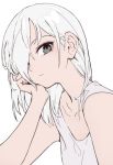  1girl bare_shoulders closed_mouth commentary dress english_commentary grey_eyes hair_over_one_eye looking_at_viewer oopartz_yang original simple_background solo uma_(oopartz_yang) upper_body white_background white_dress white_hair 