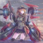  1girl anchor anchor_hair_ornament aqua_eyes black_ribbon black_skirt blonde_hair commentary_request gloves hair_ornament hat highres iron_cross kantai_collection kneehighs long_hair low_twintails machinery microskirt military military_hat military_uniform peaked_cap prinz_eugen_(kantai_collection) ribbon skirt solo twintails uniform white_gloves yomi_(yomi14_pyaon) 