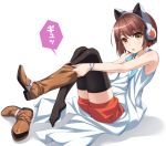  1girl bangs bare_arms bare_shoulders black_legwear blush boot_removed boots bracelet brown_eyes brown_footwear brown_hair cat_ear_headphones coattails commentary_request eyebrows_visible_through_hair from_side full_body headphones highres jewelry kasukabe_you kyuutou_(kyuutouryuu) legs_up looking_to_the_side mondaiji-tachi_ga_isekai_kara_kuru_sou_desu_yo? open_mouth pocket putting_on_boots red_shorts short_hair shorts simple_background single_boot sleeveless sleeveless_coat solo speech_bubble thigh-highs white_background zettai_ryouiki 