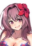  1girl :d bangs bikini blush breasts cleavage collarbone eyebrows_visible_through_hair fate/grand_order fate_(series) flower hair_between_eyes hair_flower hair_intakes hair_ornament kobo_(cobo_0609) open_mouth purple_hair red_eyes red_flower scathach_(fate)_(all) scathach_(fate/grand_order) scathach_(swimsuit_assassin)_(fate) simple_background smile solo sweat swimsuit upper_body white_background 