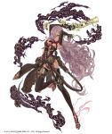  1girl ammunition_belt belt blue_eyes breasts cinderella_(sinoalice) cross-laced_clothes dark_skin full_body gun hair_over_one_eye holster ji_no large_breasts long_hair looking_at_viewer navel official_art purple_hair ribbon serious shiny shiny_skin sinoalice smoke solo weapon white_background 