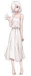  1girl bare_arms bare_shoulders barefoot closed_mouth dress full_body grey_eyes hand_up highres long_dress looking_at_viewer oopartz_yang original pigeon-toed short_hair simple_background smile solo sundress waving white_background white_dress white_hair 