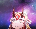  1girl :3 blonde_hair commentary face facial_tattoo fate/grand_order fate_(series) hair_ornament ibaraki_douji_(fate/grand_order) looking_to_the_side oni oni_horns slit_pupils solo space space_cat_(meme) tattoo transparent yellow_eyes yume_(i_think.) 
