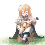  1girl :d boots bracer brown_footwear brown_hair cape closed_eyes closed_mouth copyright_request facing_viewer grass head_tilt holding holding_instrument instrument legs_crossed long_hair long_sleeves music open_mouth playing_instrument reiesu_(reis) simple_background smile solo white_background 