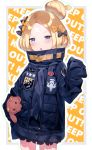  ! 1girl abigail_williams_(fate/grand_order) background_text bangs black_bow black_jacket blonde_hair blue_eyes blush bow caution_tape chestnut_mouth english fate/grand_order fate_(series) hair_bow hair_bun hand_up heroic_spirit_traveling_outfit hoshi_usagi jacket keep_out long_hair long_sleeves looking_at_viewer object_hug orange_bow outline parted_bangs parted_lips polka_dot polka_dot_bow revision sleeves_past_fingers sleeves_past_wrists solo sparkle stuffed_animal stuffed_toy teddy_bear white_outline 