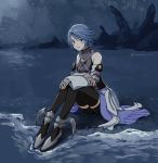  1girl aqua_(kingdom_hearts) bare_shoulders beach black_legwear blue_eyes blue_hair closed_mouth crossed_arms detached_sleeves eyebrows_visible_through_hair fingerless_gloves gloves grey_gloves isakawa_megumi kingdom_hearts kingdom_hearts_358/2_days knees_together_feet_apart long_sleeves looking_at_viewer short_hair sitting sky solo star_(sky) starry_sky thigh-highs turtleneck twitter_username water zettai_ryouiki 