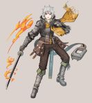  1boy bag belt boots breastplate brown_pants commentary_request copyright_request gauntlets grey_background grey_hair holding holding_sword holding_weapon male_focus nagi_itsuki pants parted_lips pointy_ears red_eyes scarf simple_background solo sword weapon yellow_scarf 