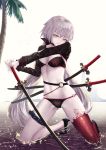  1girl absurdres asymmetrical_legwear bangs bikini black_bikini black_footwear blunt_bangs breasts cleavage fate/grand_order fate_(series) floating_hair full_body hands_on_hilt high_heels highres jeanne_d&#039;arc_(alter_swimsuit_berserker) jeanne_d&#039;arc_(fate)_(all) katana kneeling long_hair looking_at_viewer medium_breasts nekobell o-ring o-ring_bikini palm_tree pumps red_legwear silver_hair simple_background solo swimsuit sword thigh-highs thigh_strap tree twintails very_long_hair weapon white_background yellow_eyes 