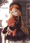  1girl abigail_williams_(fate/grand_order) absurdres artist_name bangs black_bow black_dress black_hat blonde_hair bloomers blue_eyes bow bug butterfly character_name day dress eyebrows_visible_through_hair fate/grand_order fate_(series) fence forehead hair_bow hat head_tilt highres insect long_hair long_sleeves looking_at_viewer object_hug orange_bow outdoors parted_bangs parted_lips polka_dot polka_dot_bow revision shirokun0824 sleeves_past_fingers sleeves_past_wrists solo stuffed_animal stuffed_toy teddy_bear underwear very_long_hair white_bloomers 