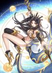  1girl black_hair black_legwear black_panties boots breasts cleavage commentary_request crown detached_sleeves fate/grand_order fate_(series) floating_hair heavenly_boat_maanna high_heel_boots high_heels highres holding ishtar_(fate/grand_order) kangetsu_(fhalei) long_hair long_sleeves medium_breasts navel open_mouth panties red_eyes single_thighhigh solo strapless thigh-highs tubetop two_side_up underwear 
